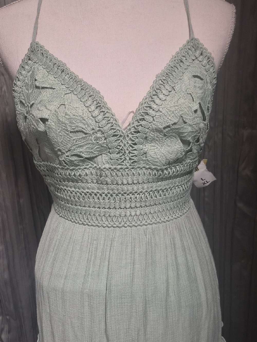 Love Tree Sage Green Crochet Bodice Maxi Dress